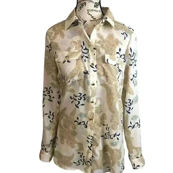 Coldwater Creek Ladies Creme Paisley Button up Blouse XS 4-6. Tab Sleeves L/S - Picture 1 of 5